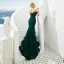 Elegant Dark Green Evening Dresses  2019 Trumpet / Mermaid Off-The-Shoulder Short Sleeve Sash Appliques Lace Beading Sweep Train Ruffle Backless Formal Dresses