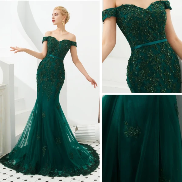 Elegant Dark Green Evening Dresses 2019 Trumpet / Mermaid Off-The-Shoulder Short Sleeve Sash Appliques Lace Beading Sweep Train Ruffle Backless Formal Dresses