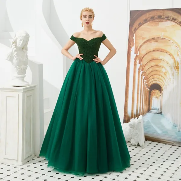 Best Dark Green Prom Dresses 2019 A-Line / Princess Off-The-Shoulder Short Sleeve Beading Floor-Length / Long Ruffle Backless Formal Dresses