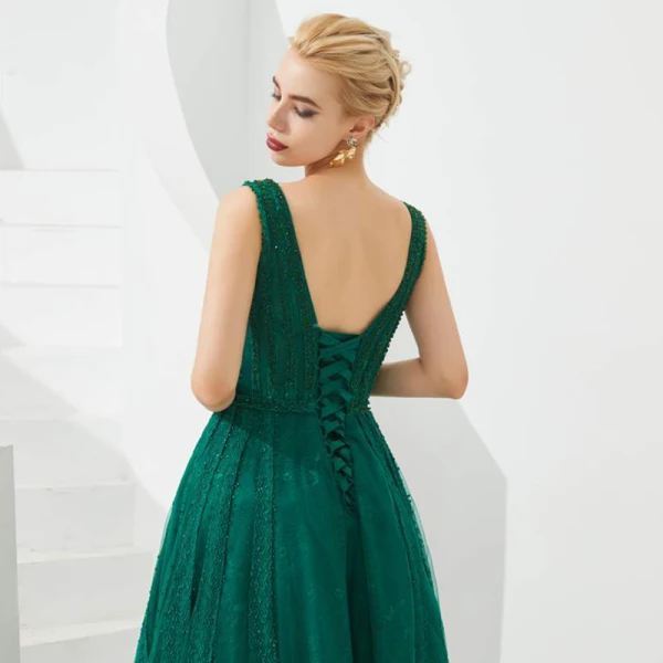 Meilleure Vert Foncé Robe De Soirée 2019 Princesse V-Cou Sans Manches Perlage Glitter Tulle Longue Volants Dos Nu Robe De Ceremonie