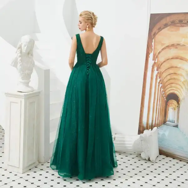 Meilleure Vert Foncé Robe De Soirée 2019 Princesse V-Cou Sans Manches Perlage Glitter Tulle Longue Volants Dos Nu Robe De Ceremonie
