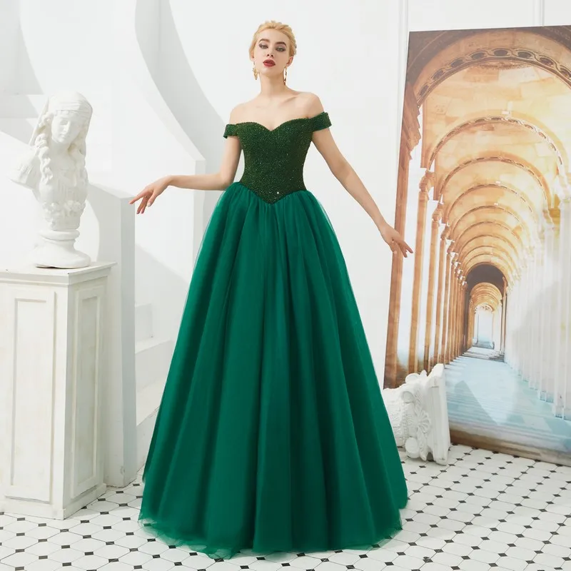 long satin emerald green dress Off Shoulder Emerald Green Satin Long Prom Dresses with High Slit, Off –  morievent main image 0