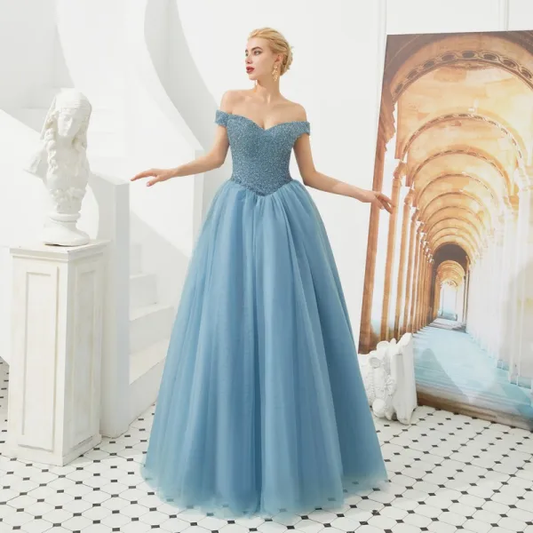 Best Dark Green Prom Dresses 2019 A-Line / Princess Off-The-Shoulder Short Sleeve Beading Floor-Length / Long Ruffle Backless Formal Dresses
