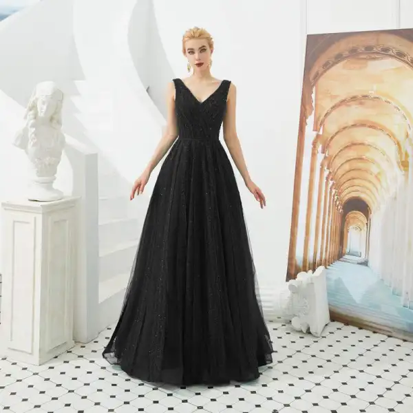 Meilleure Vert Foncé Robe De Soirée 2019 Princesse V-Cou Sans Manches Perlage Glitter Tulle Longue Volants Dos Nu Robe De Ceremonie