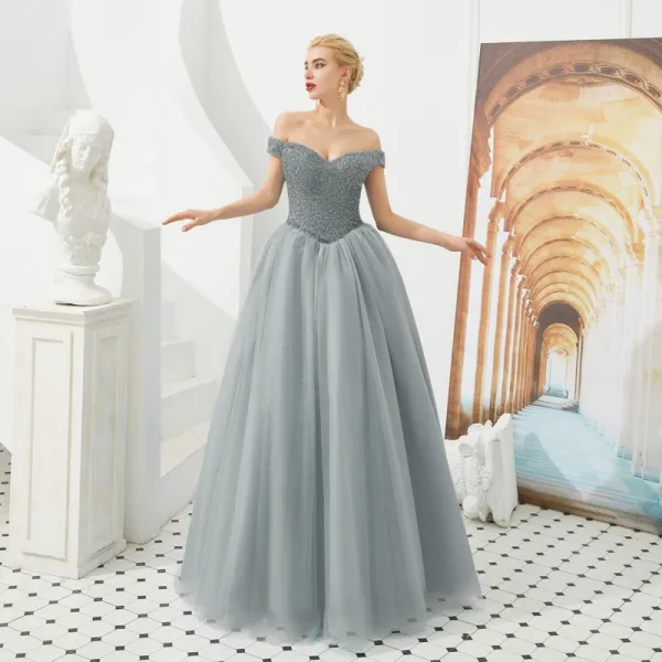 Best Dark Green Prom Dresses 2019 A-Line / Princess Off-The-Shoulder Short Sleeve Beading Floor-Length / Long Ruffle Backless Formal Dresses