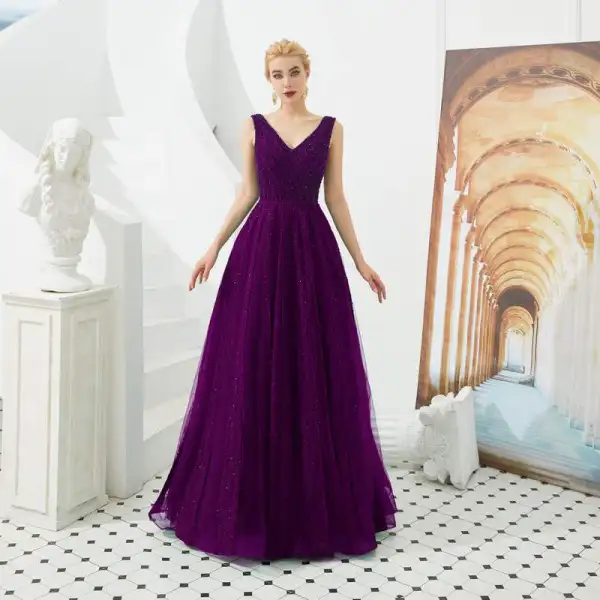 Meilleure Vert Foncé Robe De Soirée 2019 Princesse V-Cou Sans Manches Perlage Glitter Tulle Longue Volants Dos Nu Robe De Ceremonie