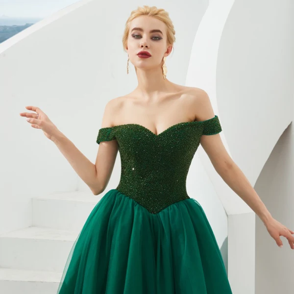Best Dark Green Prom Dresses 2019 A-Line / Princess Off-The-Shoulder Short Sleeve Beading Floor-Length / Long Ruffle Backless Formal Dresses