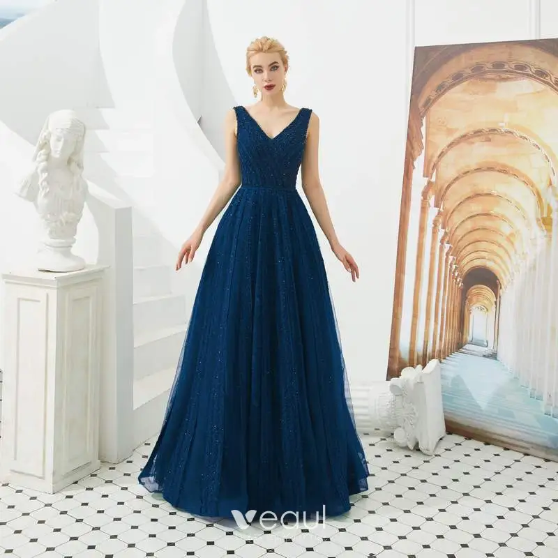 Best Dark Green Evening Dresses 2019 A Line Princess V Neck Sleeveless Beading Glitter Tulle Floor