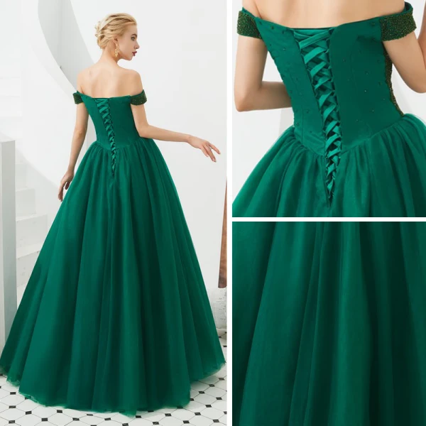 Best Dark Green Prom Dresses 2019 A-Line / Princess Off-The-Shoulder Short Sleeve Beading Floor-Length / Long Ruffle Backless Formal Dresses