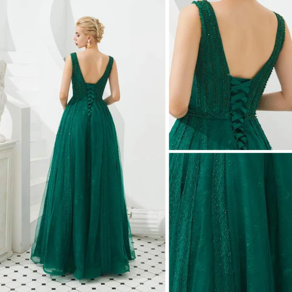 Meilleure Vert Foncé Robe De Soirée 2019 Princesse V-Cou Sans Manches Perlage Glitter Tulle Longue Volants Dos Nu Robe De Ceremonie