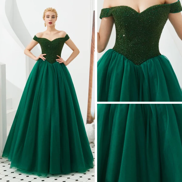 Best Dark Green Prom Dresses 2019 A-Line / Princess Off-The-Shoulder Short Sleeve Beading Floor-Length / Long Ruffle Backless Formal Dresses