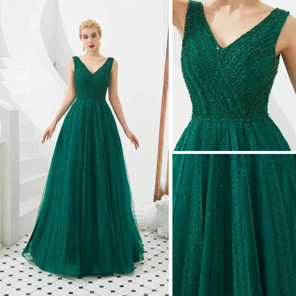 Meilleure Vert Foncé Robe De Soirée 2019 Princesse V-Cou Sans Manches Perlage Glitter Tulle Longue Volants Dos Nu Robe De Ceremonie