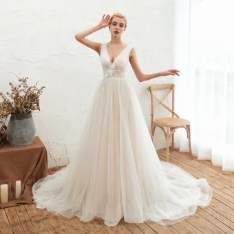 Affordable Champagne Outdoor Garden Summer Wedding Dresses 2019 A Line Princess Deep V Neck Sleeveless Backless Appliques Lace Beading Chapel Train Ruffle