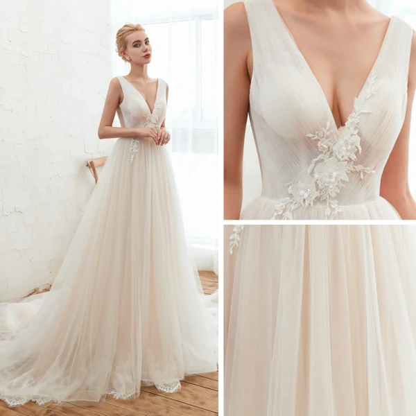 Abordable Champagne Jardin / Extérieur Été Robe De Mariée 2019 Princesse Col v profond Sans Manches Dos Nu Appliques En Dentelle Perlage Chapel Train Volants
