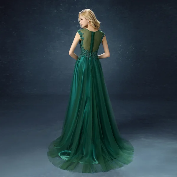 Chic / Beautiful Dark Green Satin Tulle See-through Evening Dresses 2019 A-Line / Princess Scoop Neck Sleeveless Appliques Lace Beading Pearl Sweep Train Ruffle Formal Dresses
