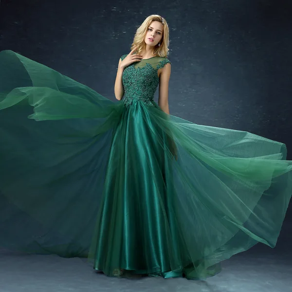 Chic / Beautiful Dark Green Satin Tulle See-through Evening Dresses 2019 A-Line / Princess Scoop Neck Sleeveless Appliques Lace Beading Pearl Sweep Train Ruffle Formal Dresses