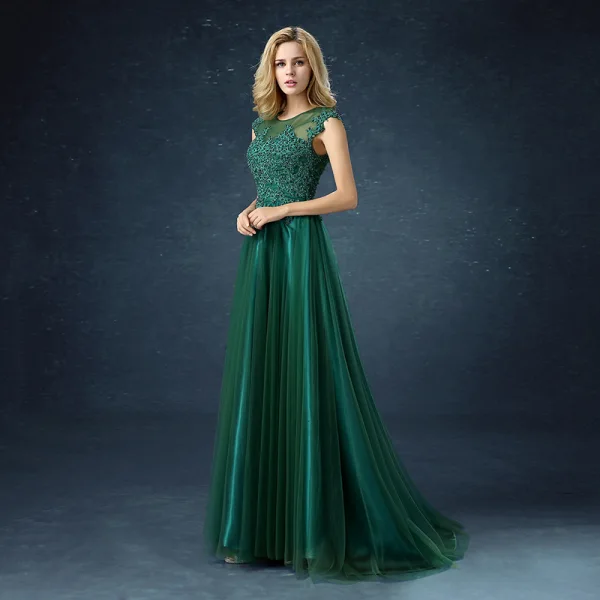 Chic / Beautiful Dark Green Satin Tulle See-through Evening Dresses 2019 A-Line / Princess Scoop Neck Sleeveless Appliques Lace Beading Pearl Sweep Train Ruffle Formal Dresses