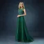Chic / Beautiful Dark Green Satin Tulle See-through Evening Dresses  2019 A-Line / Princess Scoop Neck Sleeveless Appliques Lace Beading Pearl Sweep Train Ruffle Formal Dresses