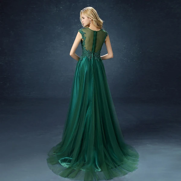 Chic / Beautiful Dark Green Satin Tulle See-through Evening Dresses 2019 A-Line / Princess Scoop Neck Sleeveless Appliques Lace Beading Pearl Sweep Train Ruffle Formal Dresses
