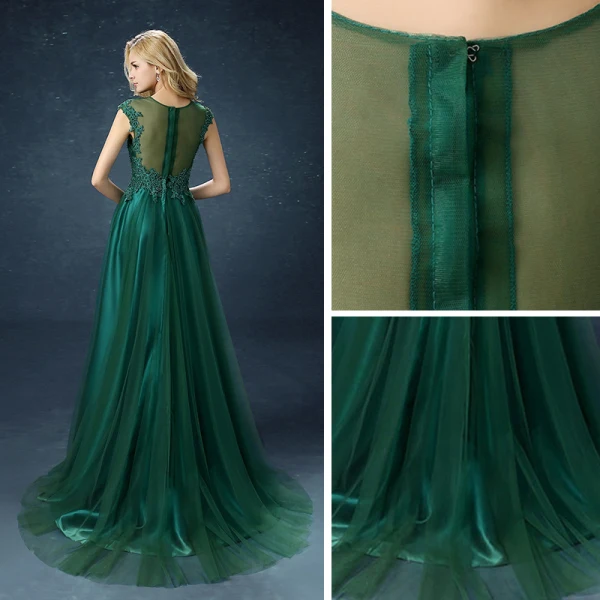 Chic / Beautiful Dark Green Satin Tulle See-through Evening Dresses 2019 A-Line / Princess Scoop Neck Sleeveless Appliques Lace Beading Pearl Sweep Train Ruffle Formal Dresses