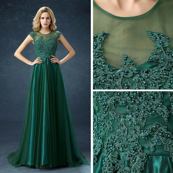 Chic / Beautiful Dark Green Satin Tulle See-through Evening Dresses 2019 A-Line / Princess Scoop Neck Sleeveless Appliques Lace Beading Pearl Sweep Train Ruffle Formal Dresses