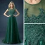 Chic / Beautiful Dark Green Satin Tulle See-through Evening Dresses  2019 A-Line / Princess Scoop Neck Sleeveless Appliques Lace Beading Pearl Sweep Train Ruffle Formal Dresses