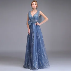 Elegant Ocean Blue Evening Dresses 2019 A Line Princess Deep V Neck Sleeveless Appliques Lace Bow Sash Floor Length Long Ruffle Backless Formal Dresses
