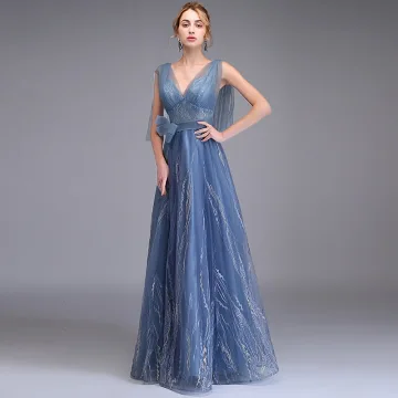 Elegant Ocean Blue Evening Dresses 2019 A Line Princess Deep V Neck Sleeveless Appliques Lace Bow Sash Floor Length Long Ruffle Backless Formal Dresses