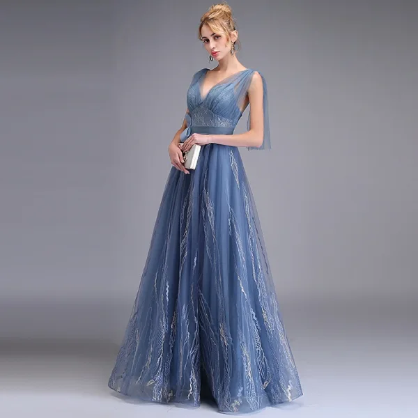 Elegante Meeresblau Abendkleider 2019 A Linie Tiefer V-Ausschnitt Ärmellos Applikationen Spitze Schleife Stoffgürtel Lange Rüschen Rückenfreies Festliche Kleider