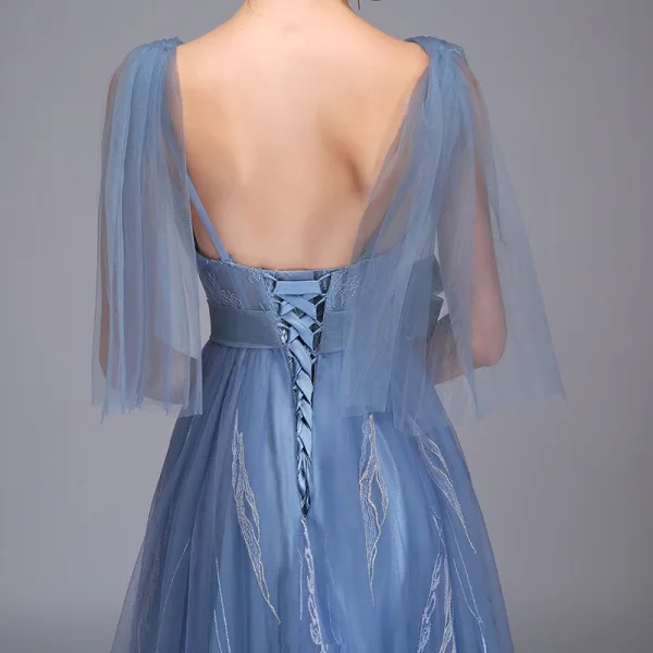 Elegante Meeresblau Abendkleider 2019 A Linie Tiefer V-Ausschnitt Ärmellos Applikationen Spitze Schleife Stoffgürtel Lange Rüschen Rückenfreies Festliche Kleider