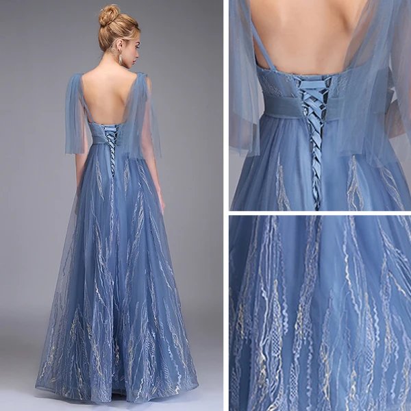 Elegante Meeresblau Abendkleider 2019 A Linie Tiefer V-Ausschnitt Ärmellos Applikationen Spitze Schleife Stoffgürtel Lange Rüschen Rückenfreies Festliche Kleider