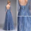 Elegante Meeresblau Abendkleider 2019 A Linie Tiefer V-Ausschnitt Ärmellos Applikationen Spitze Schleife Stoffgürtel Lange Rüschen Rückenfreies Festliche Kleider