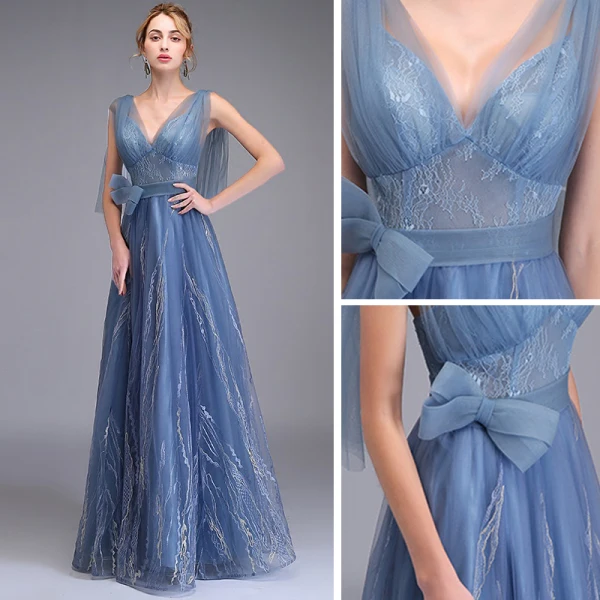 Elegante Meeresblau Abendkleider 2019 A Linie Tiefer V-Ausschnitt Ärmellos Applikationen Spitze Schleife Stoffgürtel Lange Rüschen Rückenfreies Festliche Kleider