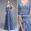 Elegante Meeresblau Abendkleider 2019 A Linie Tiefer V-Ausschnitt Ärmellos Applikationen Spitze Schleife Stoffgürtel Lange Rüschen Rückenfreies Festliche Kleider