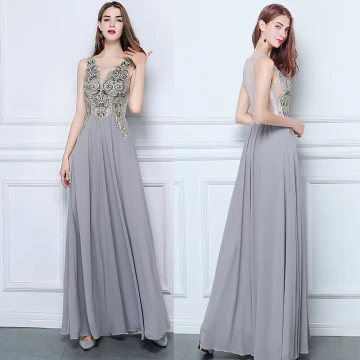 Abordable Gris Chiffon Transparentes Robe De Soirée 2019 Princesse Encolure Dégagée Sans Manches Perlage Longue Volants Robe De Ceremonie