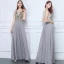 Affordable Grey Chiffon See-through Evening Dresses  2019 A-Line / Princess Scoop Neck Sleeveless Beading Floor-Length / Long Ruffle Formal Dresses