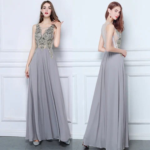 Asequible Gris Gasa Transparentes Vestidos de noche 2019 A-Line / Princess Scoop Escote Sin Mangas Rebordear Largos Ruffle Vestidos Formales