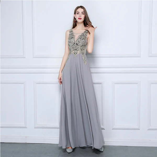 Affordable Grey Chiffon See-through Evening Dresses 2019 A-Line / Princess Scoop Neck Sleeveless Beading Floor-Length / Long Ruffle Formal Dresses
