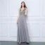 Affordable Grey Chiffon See-through Evening Dresses  2019 A-Line / Princess Scoop Neck Sleeveless Beading Floor-Length / Long Ruffle Formal Dresses