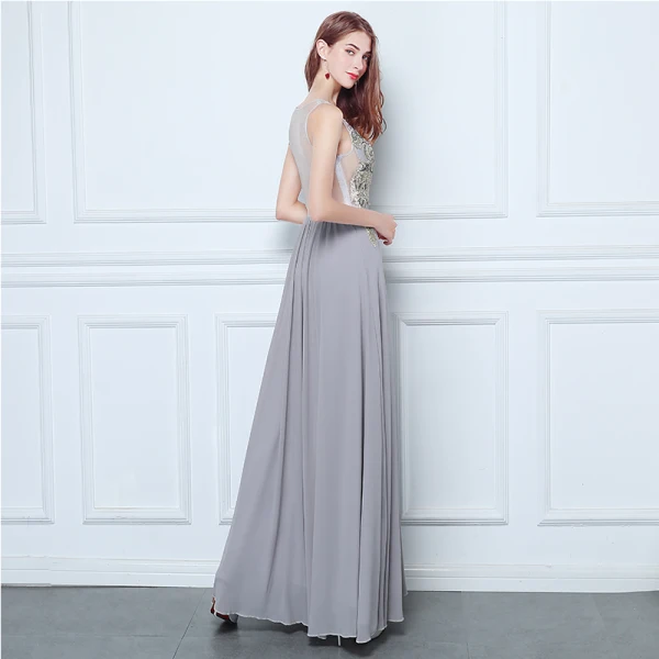 Affordable Grey Chiffon See-through Evening Dresses 2019 A-Line / Princess Scoop Neck Sleeveless Beading Floor-Length / Long Ruffle Formal Dresses