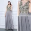 Affordable Grey Chiffon See-through Evening Dresses  2019 A-Line / Princess Scoop Neck Sleeveless Beading Floor-Length / Long Ruffle Formal Dresses