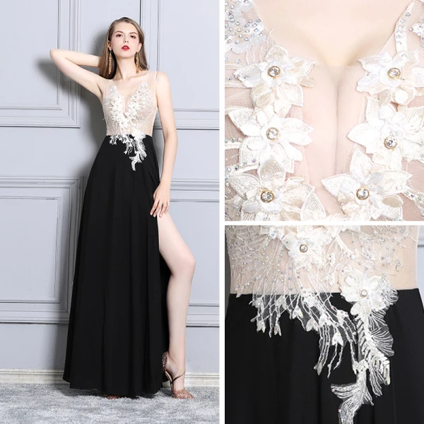 Abordable Noire Transparentes Robe De Soirée 2019 Princesse Col v profond Sans Manches Appliques En Dentelle Perlage Faux Diamant Fendue devant Longue Volants Dos Nu Robe De Ceremonie