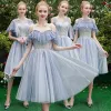Affordable Chic / Beautiful Sky Blue Bridesmaid Dresses 2019 A-Line / Princess Appliques Lace Tea-length Ruffle Backless Wedding Party Dresses