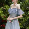 Affordable Chic / Beautiful Sky Blue Bridesmaid Dresses 2019 A-Line / Princess Appliques Lace Tea-length Ruffle Backless Wedding Party Dresses