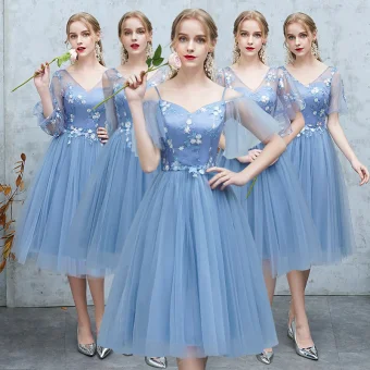 Affordable Ocean Blue See Through Bridesmaid Dresses 2019 A Line Princess Appliques Lace Tea Length Ruffle Backless Wedding Party Dresses