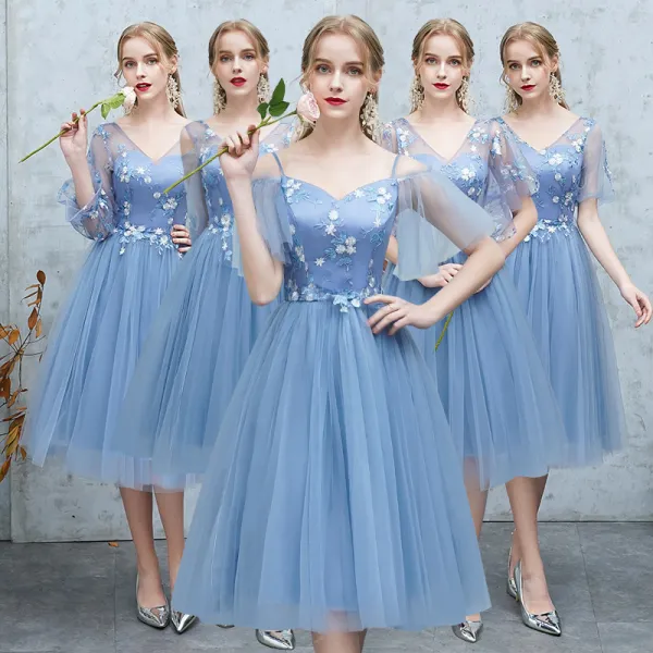 Affordable Ocean Blue See-through Bridesmaid Dresses 2019 A-Line / Princess Appliques Lace Tea-length Ruffle Backless Wedding Party Dresses