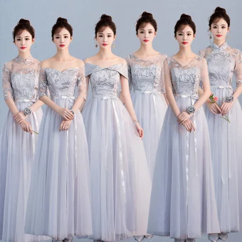Affordable Chic Beautiful Grey Bridesmaid Dresses 2019 A Line Princess Sash Appliques Lace Floor Length Long Ruffle Backless Wedding Party Dresses
