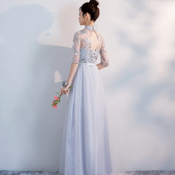 Prisvärd Snygga / Fina Grå Tärnklänningar 2019 Prinsessa Skärp Appliqués Spets Långa Ruffle Halterneck Klänning Till Bröllop