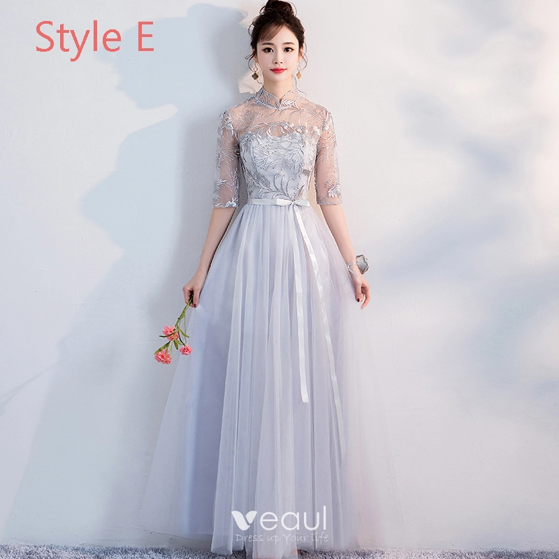 chinese dress ladies Classic Elegance A-Line Jewel Neck Grey Long Bridesmaid Dress with Short  Sleeves main image 1