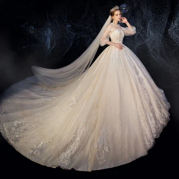 Vintage Originale Champagne Transparentes Robe De Mariée 2019 Robe Boule Col Haut Gonflée 3 4 Manches Dos Nu Appliques En Dentelle Perlage Cathedral Train Volants